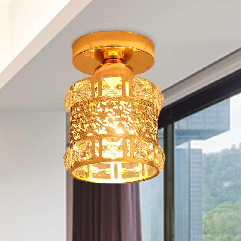 Minimalist Cylinder Ceiling Light Single Bulb Faceted Crystal Flush Mount Lighting in Gold