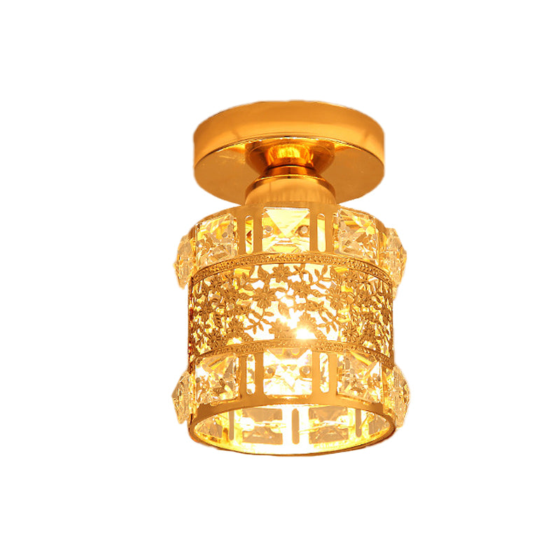 Minimalist Cylinder Ceiling Light Single Bulb Faceted Crystal Flush Mount Lighting in Gold