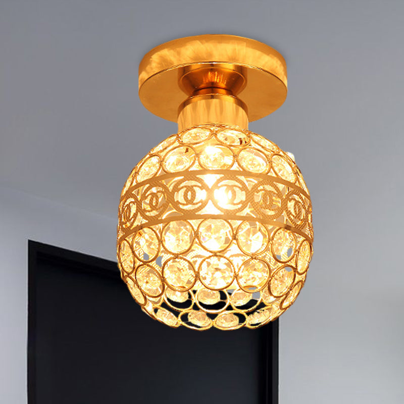 Globe/Cone Crystal Ceiling Flush Modern Single Head Hallway Flush Mount Lighting Fixture in Gold