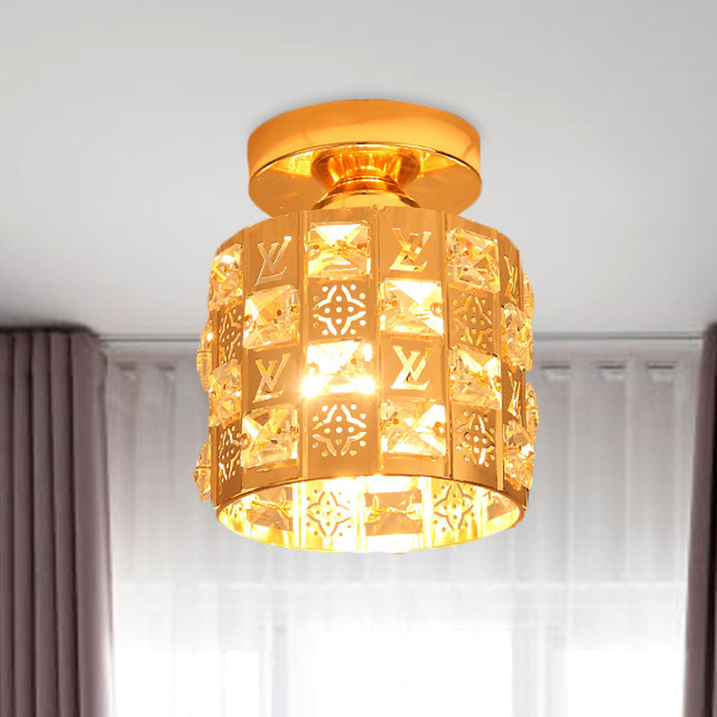 Zeitgenössische Säule Deckenlampe 1-Licht Hand Cut Crystal Flush Mount Spotlight in Gold
