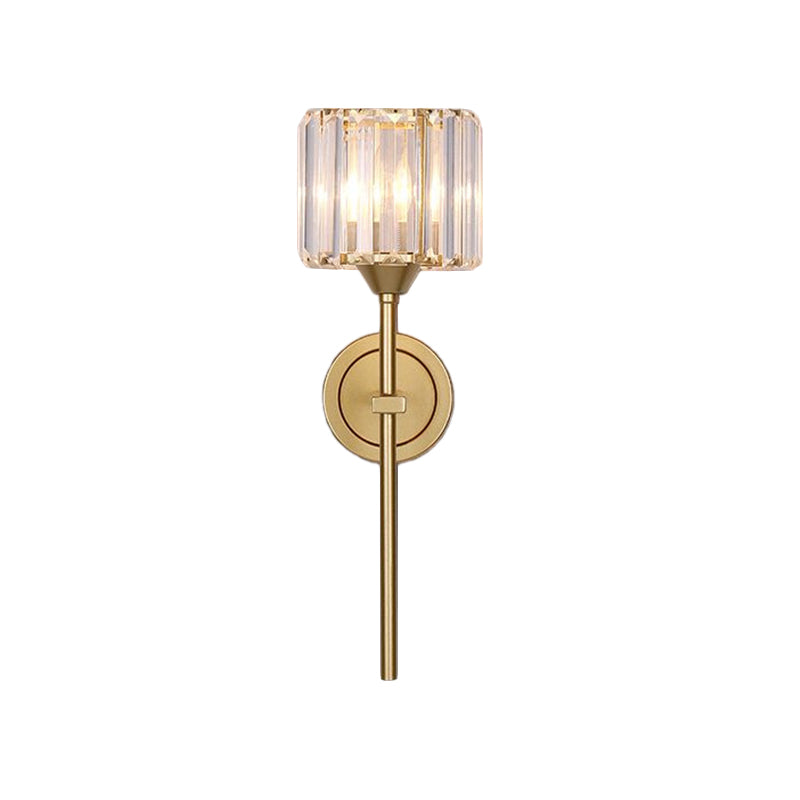 Simplicity Cylindrical Wall Lamp 1 Head Clear Crystal Block Sconce in Gold with Pencil Arm