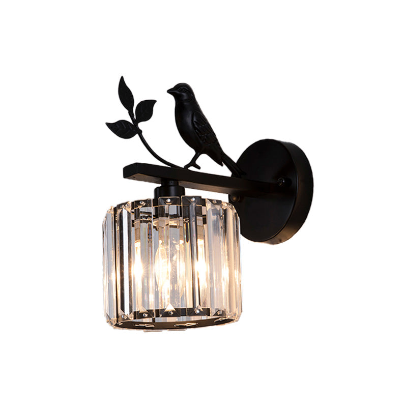 Black/Gold 1 Bulb Sconce Lamp Minimalism K9 Crystal Cylindrical Wall Lighting with Bird Decoration