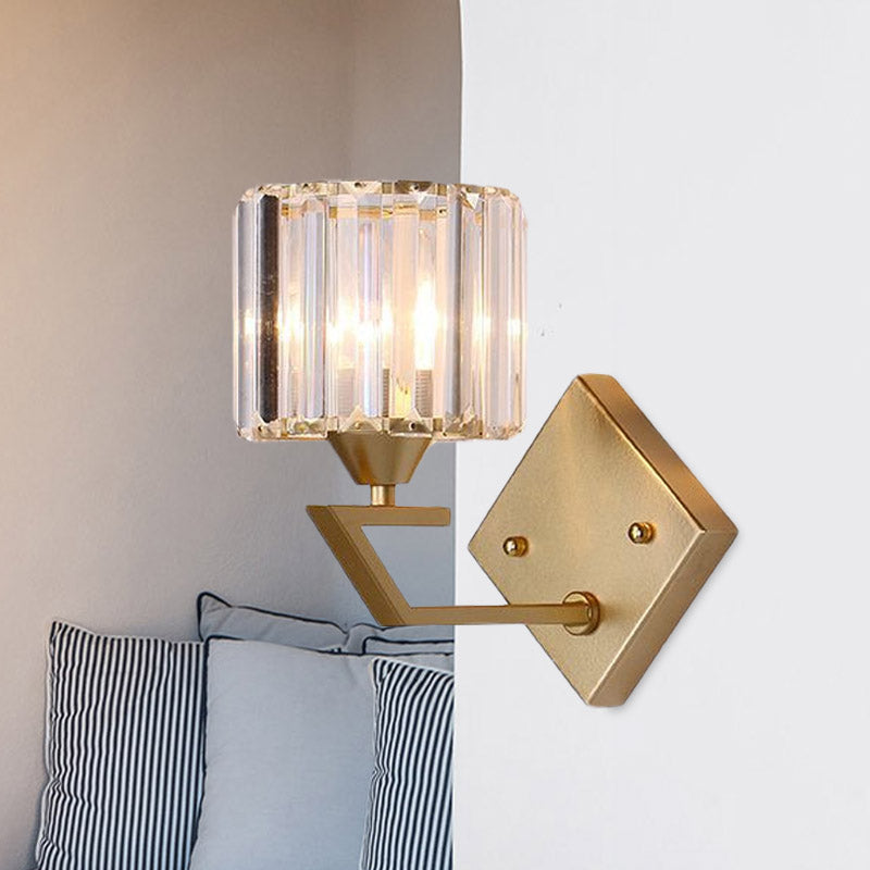 Cylindeical Bedroom Wall Light Sconce Minimalist Crystal Block 1 Head Gold Wall Lamp