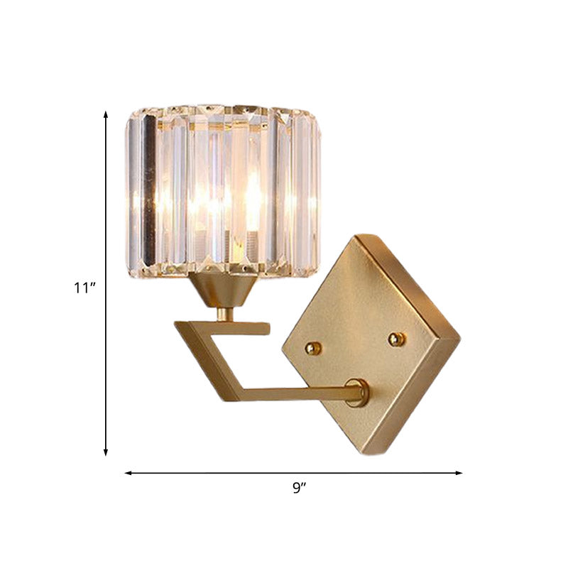Cylindeical Bedroom Wall Light Sconce Minimalist Crystal Block 1 Head Gold Wall Lamp