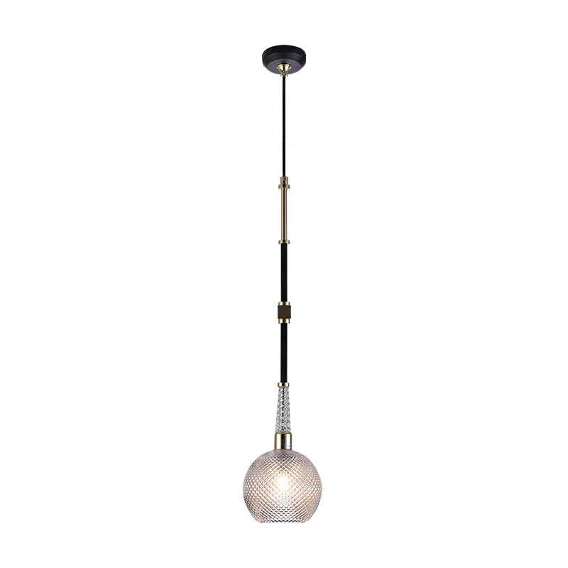 Globe Drop Pendant Modern Clear Latticed Glass 1 Bulb Black Hanging Ceiling Light for Bedside
