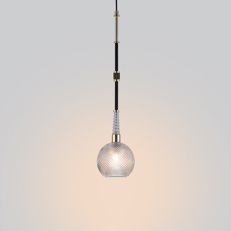 Globe Drop Pendant Modern Clear Latticed Glass 1 Bulb Black Hanging Ceiling Light for Bedside
