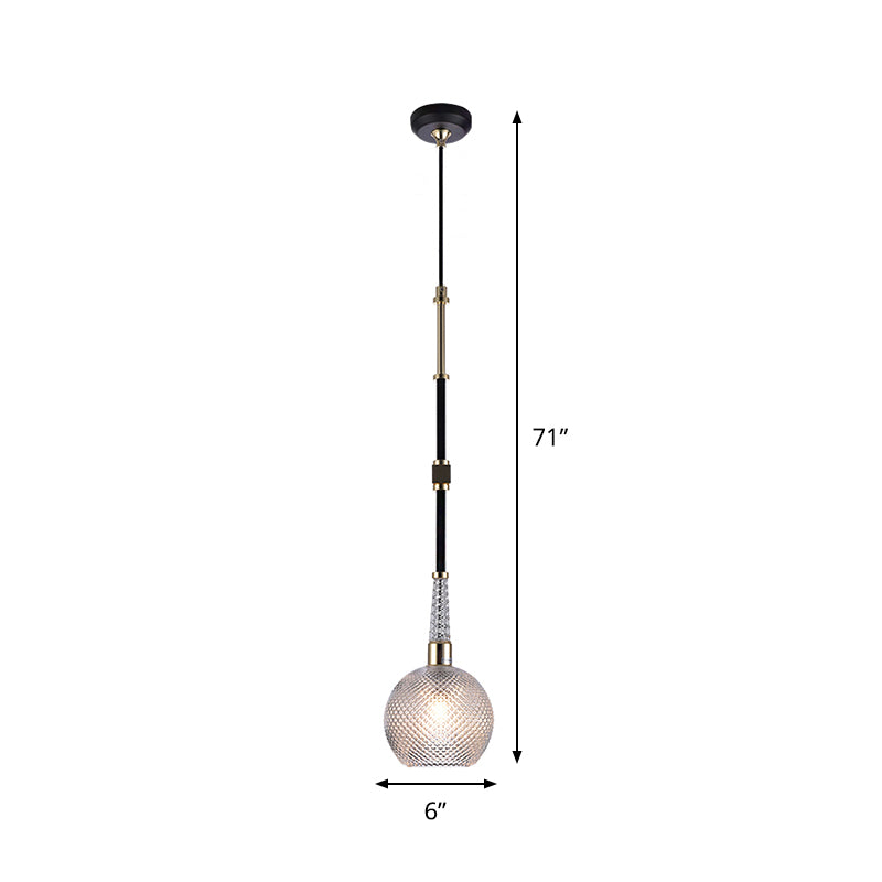 Globe Drop Pendant Modern Clear Latticed Glass 1 Bulb Black Hanging Ceiling Light for Bedside