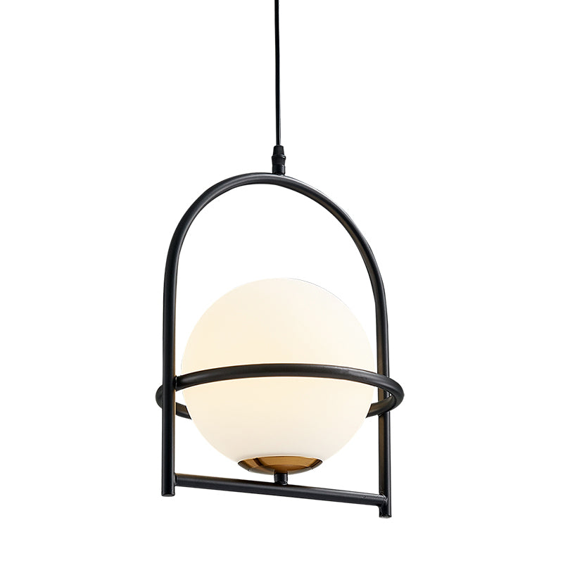 Modern Ball Suspension Light with Birdcage Design Opal Glass 1 Bulb 9"/11" Wide Bedside Ceiling Hang Fixture in Black/Gold