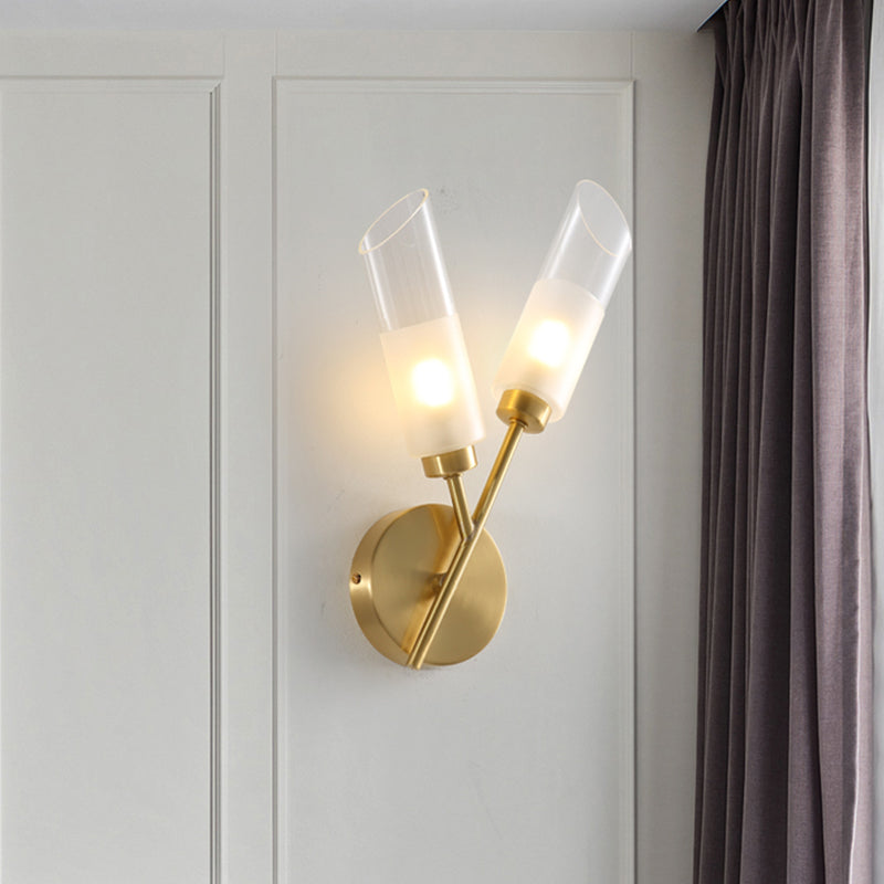 Beveled Tube Wall Light Sconce Post Modern Clear Glass 2-Light Brass Wall Lamp Fixture