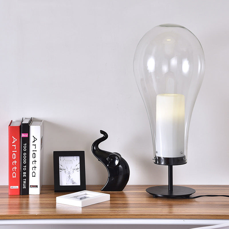 Glühbirnenform kleiner Schreibtisch Leichtes einfaches Stil klares Glas einzelner schwarzer Tischlampe für Schlafzimmer