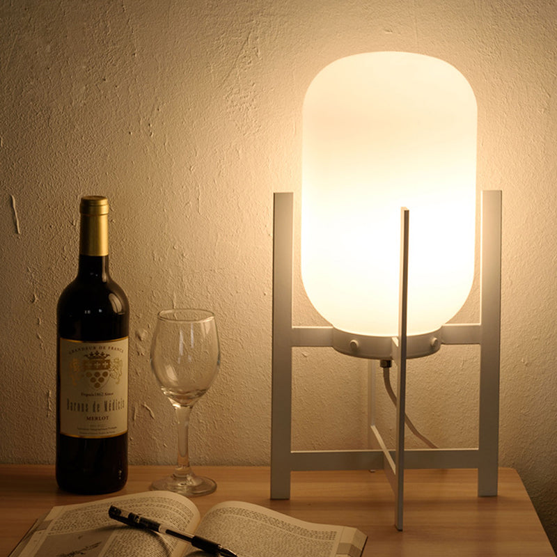 Lampada da comodino quadrupede in ferro Lampada da lettura moderna a luce singola bianca/nera con paralume oblungo in vetro opale/grigio