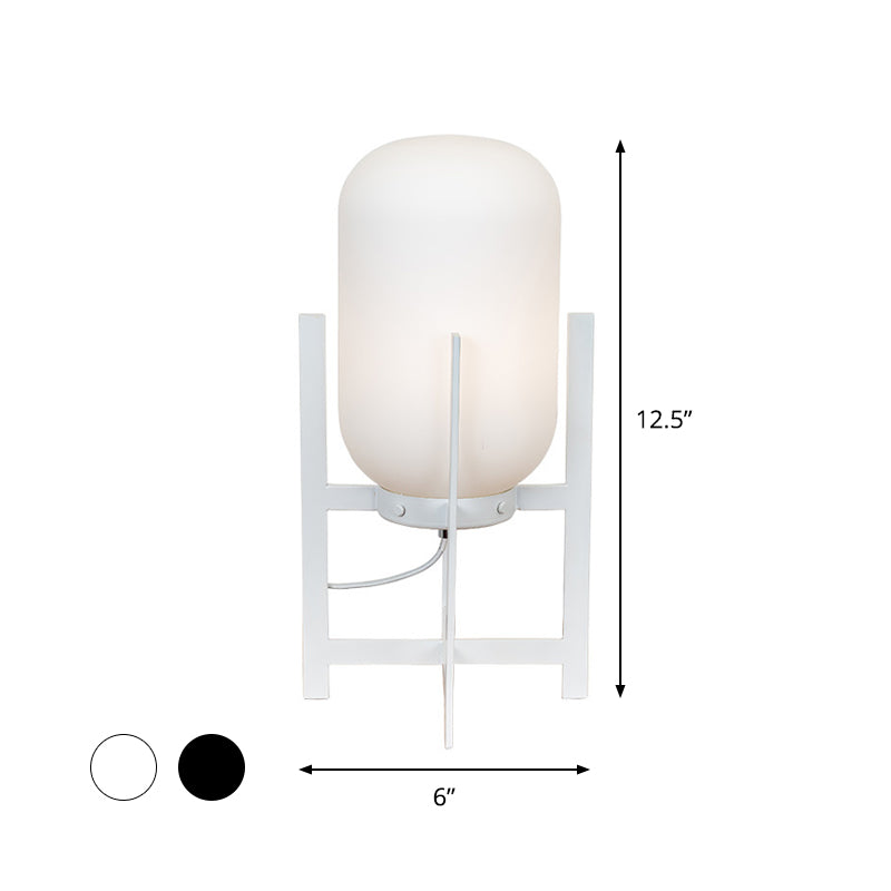 Lampada da comodino quadrupede in ferro Lampada da lettura moderna a luce singola bianca/nera con paralume oblungo in vetro opale/grigio