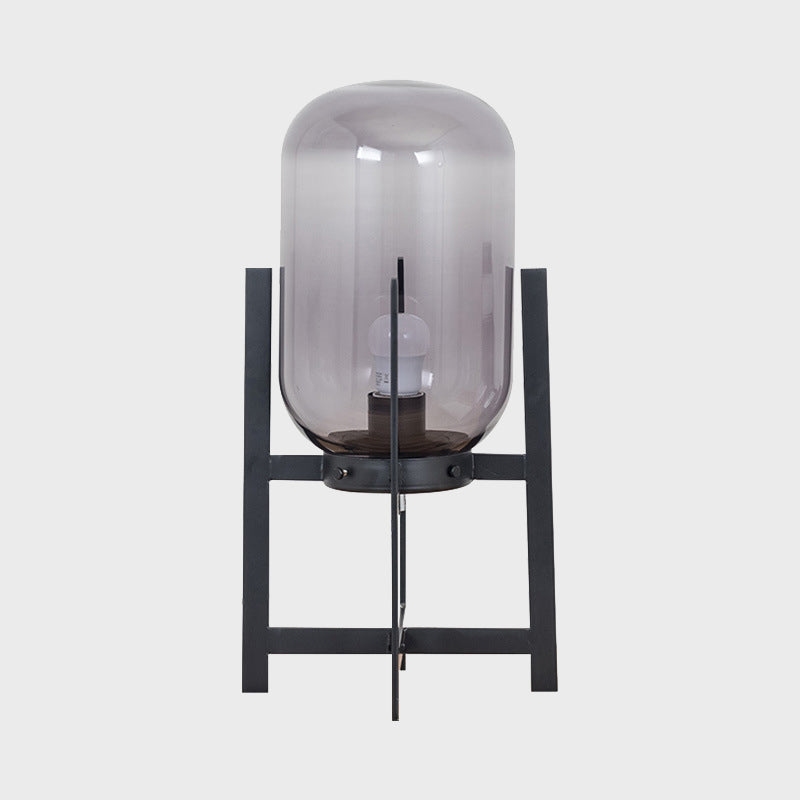 Lampada da comodino quadrupede in ferro Lampada da lettura moderna a luce singola bianca/nera con paralume oblungo in vetro opale/grigio