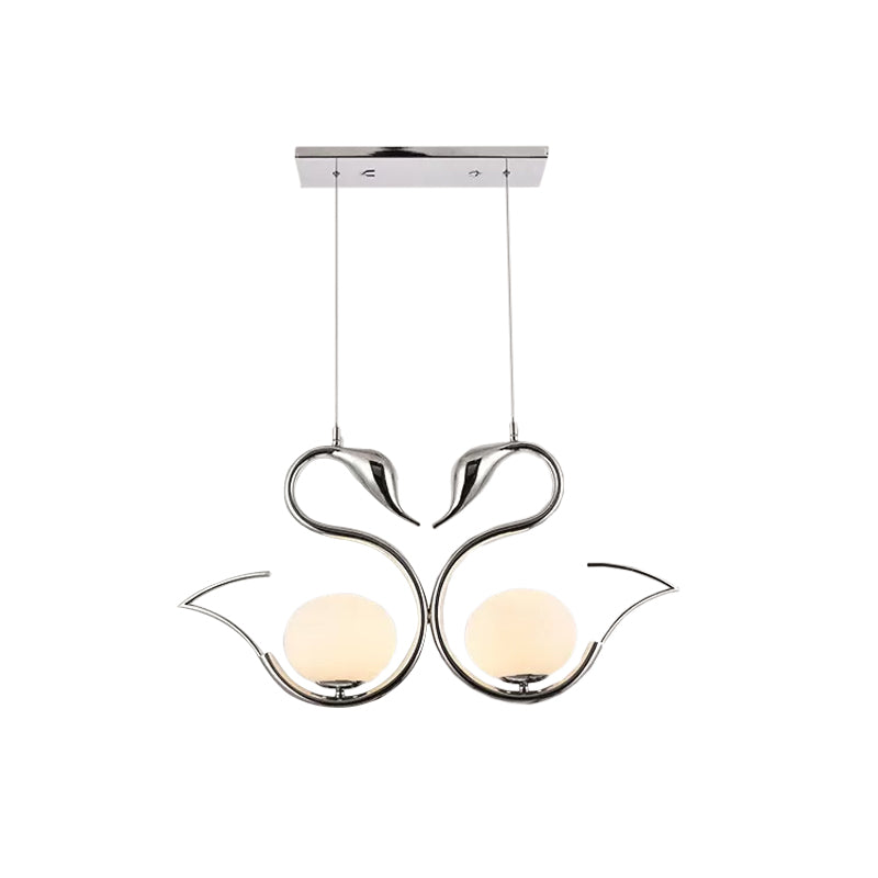 Metal Swan Shape Multi Pendant Light Modernist 2-Light Chrome Suspension Lamp with Orb White Frosted Glass Shade