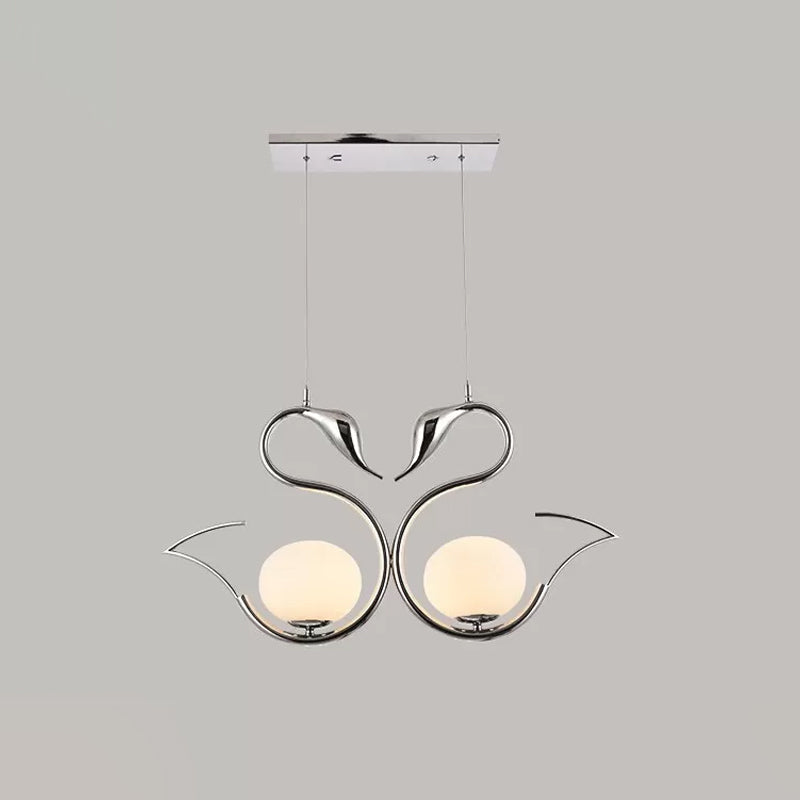 Forme de cygne métallique Multi Pendant Light moderniste moderniste 2-Light Chrome Suspension Lampe avec Orb White Grosted Glass Shade