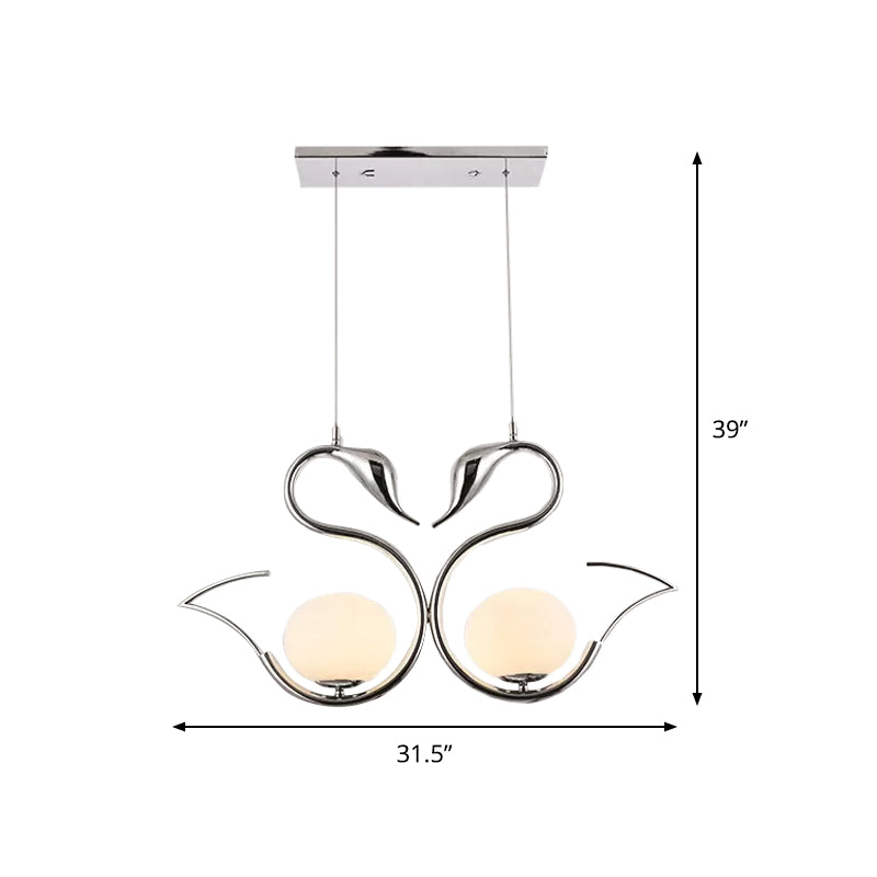 Forme de cygne métallique Multi Pendant Light moderniste moderniste 2-Light Chrome Suspension Lampe avec Orb White Grosted Glass Shade