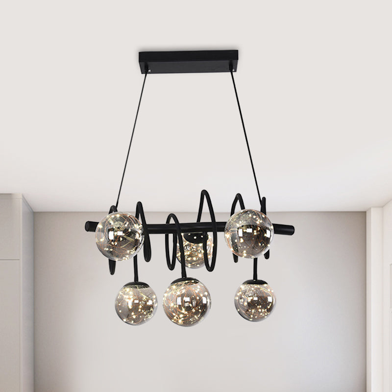 Modern Spiral Island Pendant Light Metal 6 Bulbs Sala da pranzo Lampada a led in nero in nero con sfumatura di vetro grigio grigio.