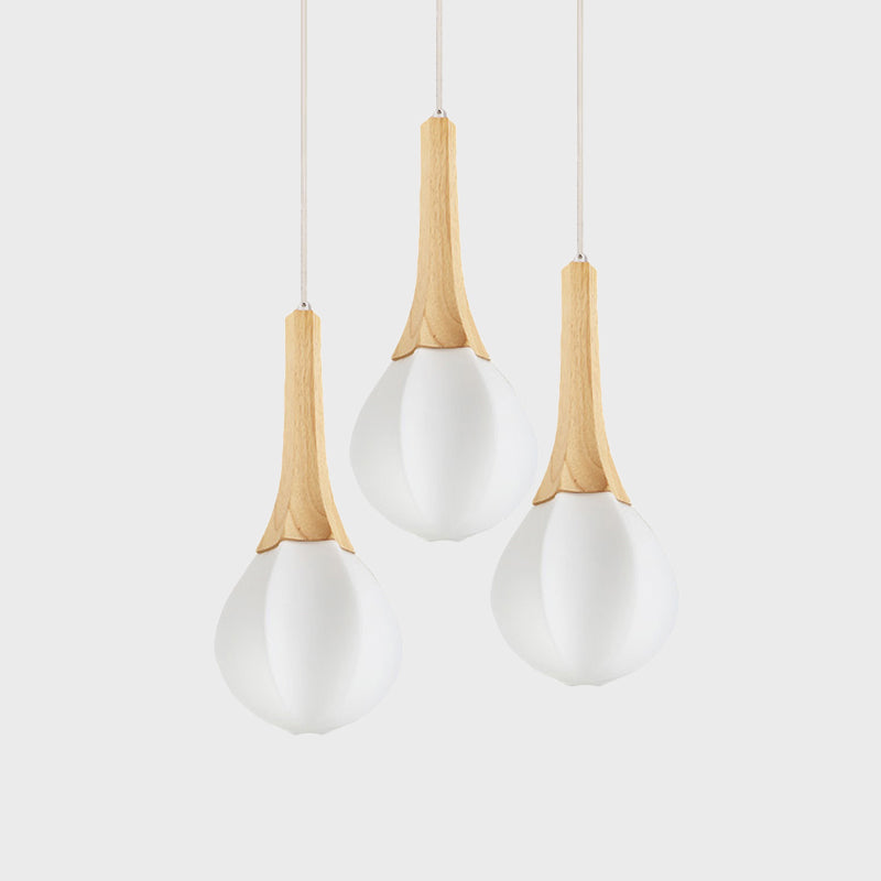 Ice Cream Shape Multi Light Pendant Modern Frosted White Glass 3 Bulbs Wood Ceiling Hang Fixture