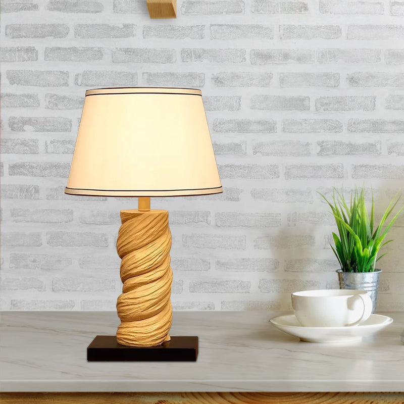 Conic Fabric Night Table Lighting Traditional 1-Light Bedroom Desk Light in White/Brown with Resin Twisted Column