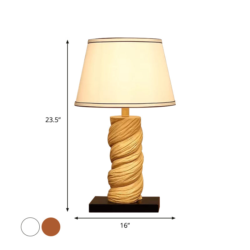 Conic Fabric Night Table Lighting Traditional 1-Light Bedroom Desk Light in White/Brown with Resin Twisted Column