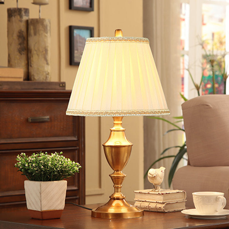 Brass 1 Head Night Table Lamp Rustic Fabric Pleated Lampshade Desk Light with Urn Base