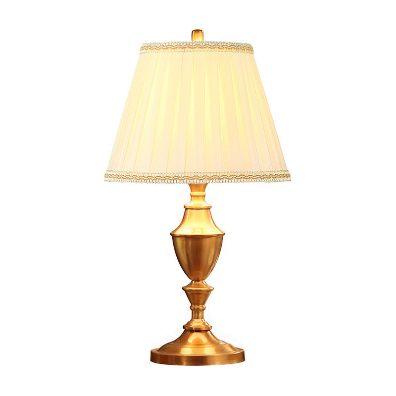 Brass 1 Head Night Table Lamp Rustic Fabric Pleated Lampshade Desk Light with Urn Base