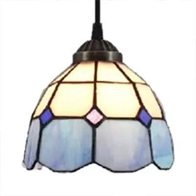 1 Bulb Ceiling Pendant Light Tiffany-Style Flower Handcrafted Stained Glass Suspension Lighting in Yellow/Light Blue/Dark Blue