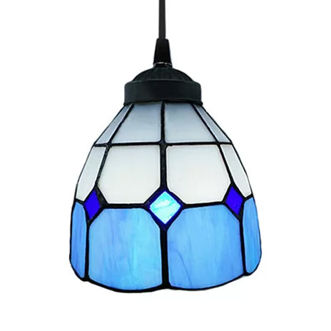 1 Bulb Ceiling Pendant Light Tiffany-Style Flower Handcrafted Stained Glass Suspension Lighting in Yellow/Light Blue/Dark Blue
