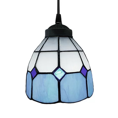1 Bulb Ceiling Pendant Light Tiffany-Style Flower Handcrafted Stained Glass Suspension Lighting in Yellow/Light Blue/Dark Blue