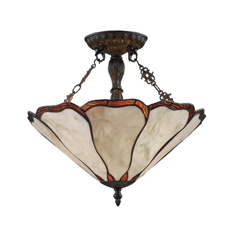 Stained Glass Ceiling Light with LED Light, 2-Lights Cone Semi Flush Mount Lighting Tiffany Style, 14" W