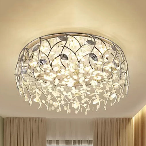 Plafonnier chromé romantique avec feuille et perle de cristal, plafonnier en métal pour chambre à coucher