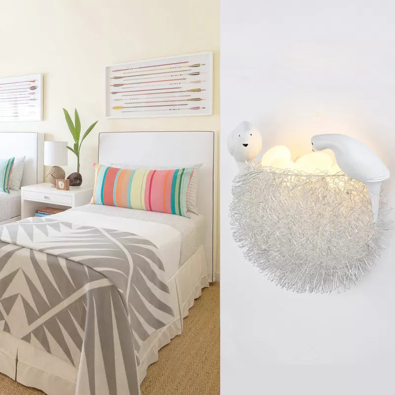 Balcony Kindergarten Nest Wall Light with Bird Decoration Resin Lovely White Sconce Light