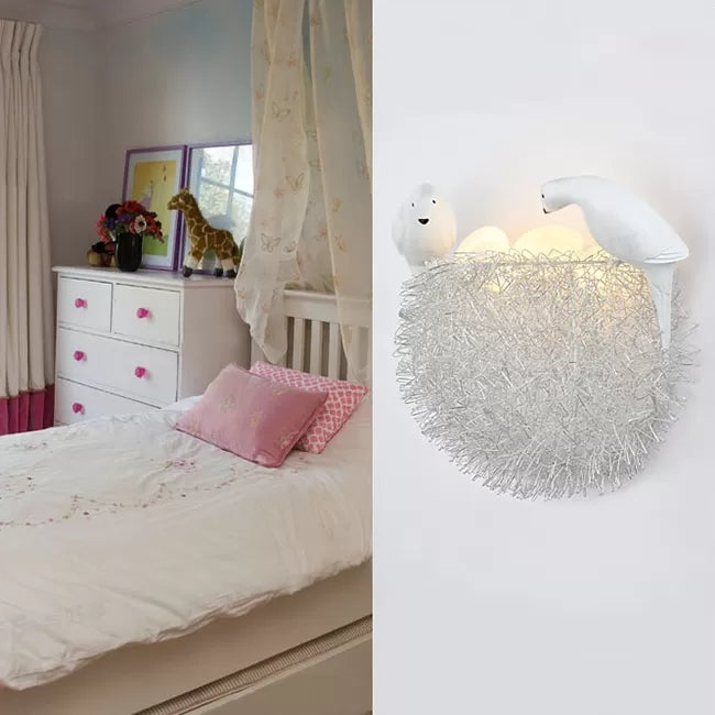 Balcony Kindergarten Nest Wall Light with Bird Decoration Resin Lovely White Sconce Light