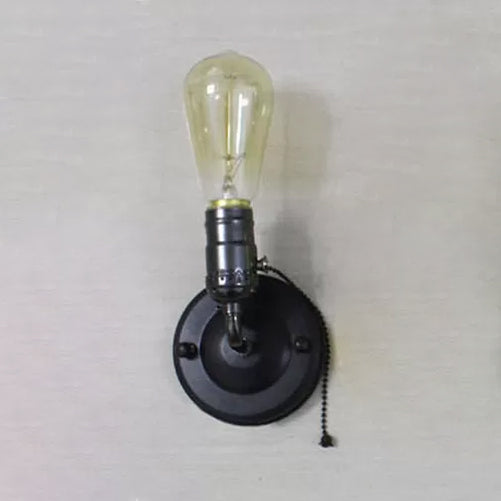 1 Light Wall Sconce Industrial Vintage Open Bulb Metal Wall Lighting with Pull Chain in Black/Silver for Bedroom