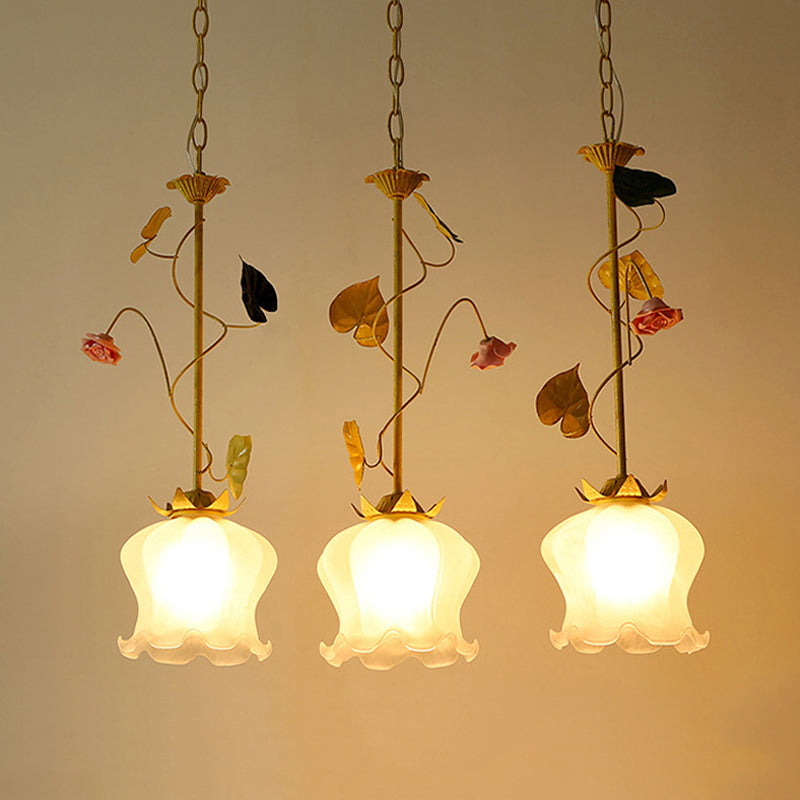 Green 3 Lights Down Lighting Pastoral Frosted Glass Cluster Flower Pendant with Lettuce Edge and Round/Linear Canopy