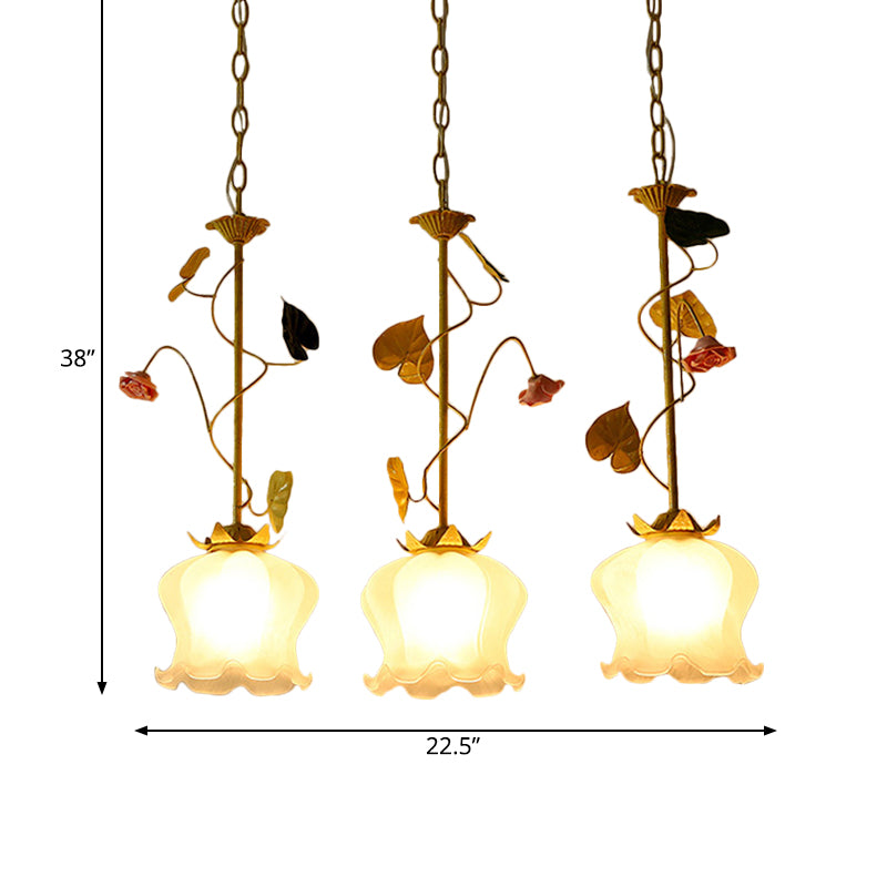 Green 3 Lights Down Lighting Pastoral Frosted Glass Cluster Flower Pendant with Lettuce Edge and Round/Linear Canopy