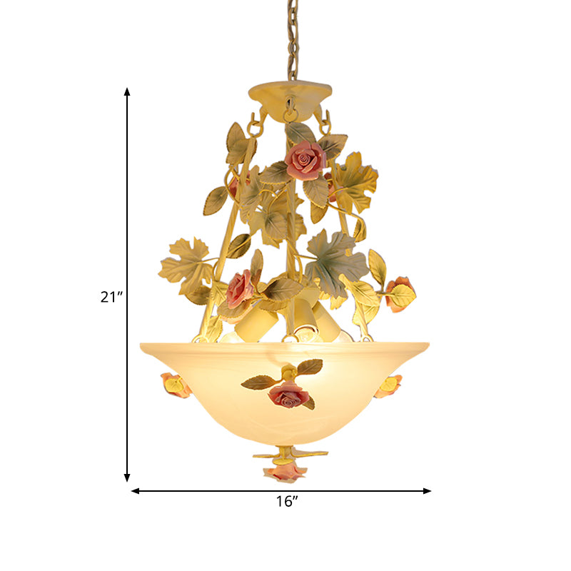 3-Light Inverted Hat Shade Chandelier American Flower Green Opaline Glass Ceiling Pendant Lamp