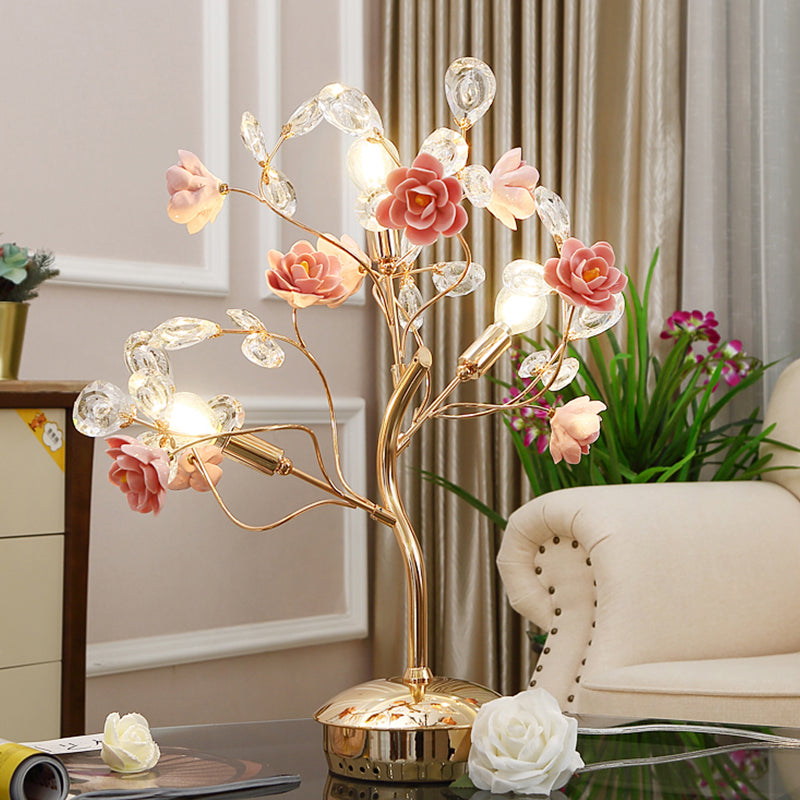 Postmodern Floral Table Lamp 3 Bulbs Crystal Night Light in Pink with Branching Design