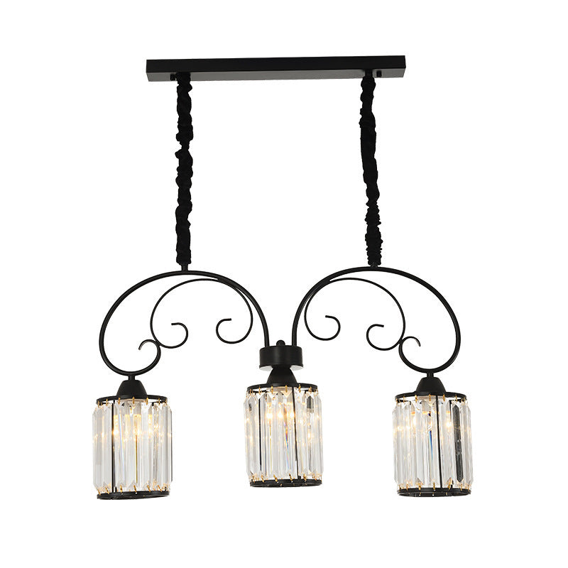 Contemporary Cylinder Island Light 3 Heads Clear Crystal Block Pendant in Black with Scrolling Arm