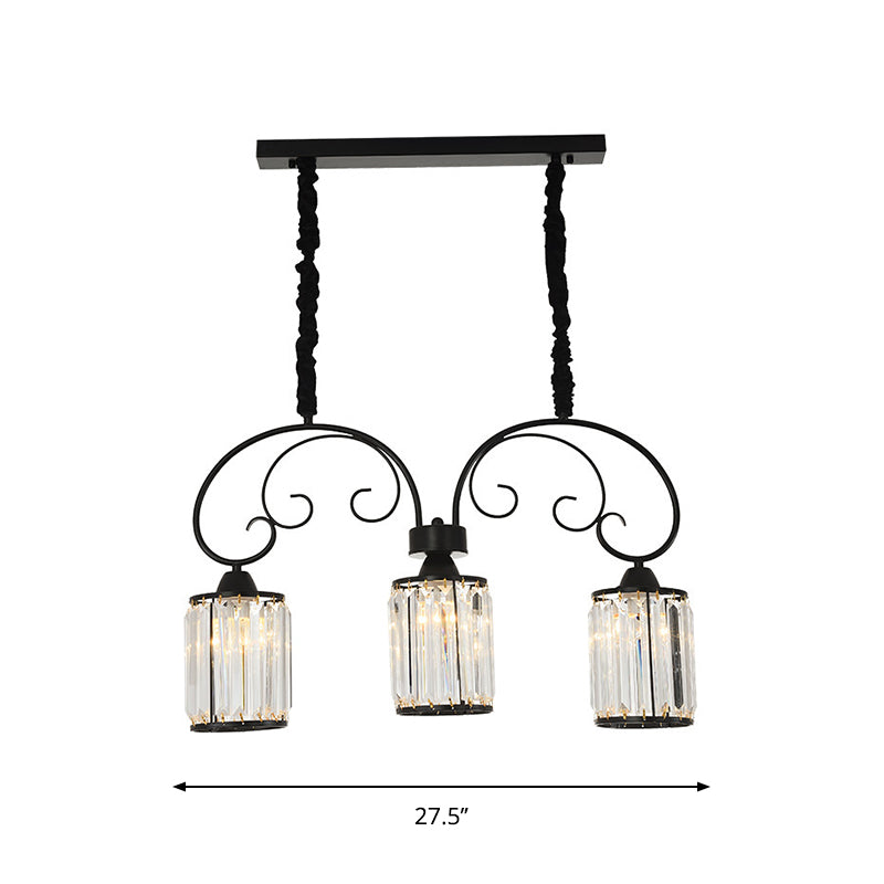 Contemporary Cylinder Island Light 3 Heads Clear Crystal Block Pendant in Black with Scrolling Arm