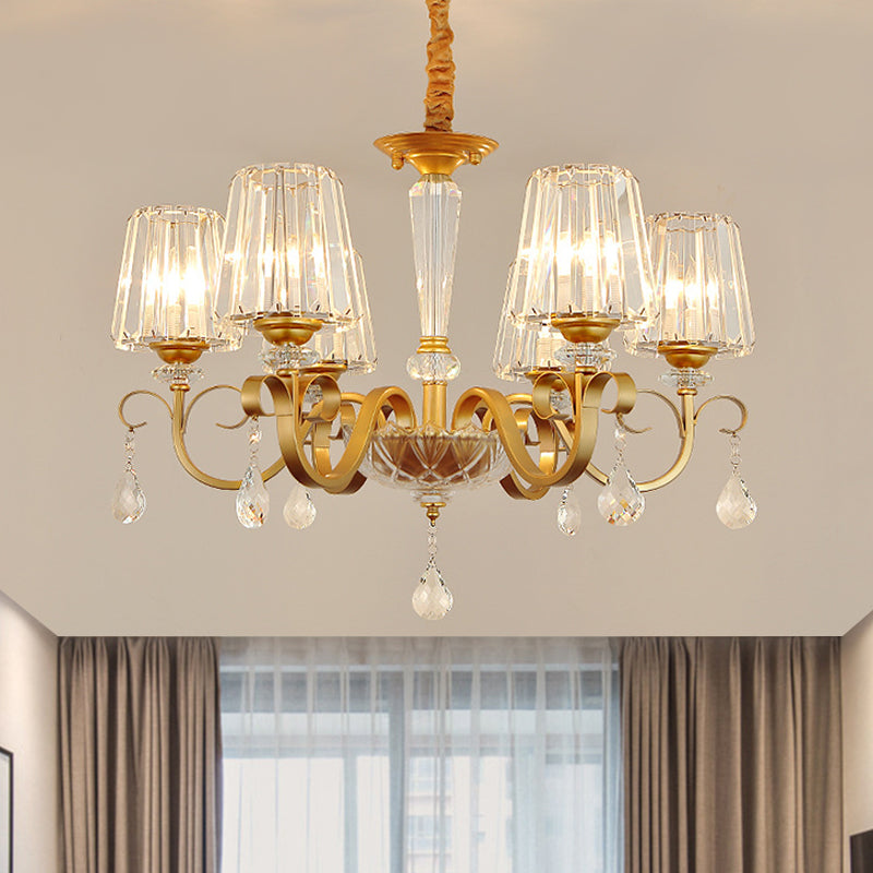 Conical Crystal Hanging Chandelier Traditional 3/6 Heads Dining Room Ceiling Light in Gold
