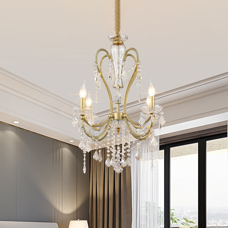 Gold Candlestick Chandelier Light Rural Beveled Crystal 4/6 Heads Bedroom Suspension Lighting