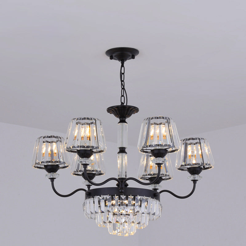 K9 Crystal Tapered Ceiling Light Simple 9 Heads Dining Room Chandelier Lighting Fixture in Black