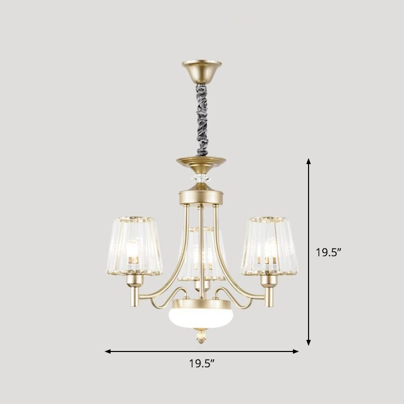 Minimalism Cone Pendant Light 3/6 Bulbs Clear Crystal Block Hanging Chandelier in Gold for Bedroom