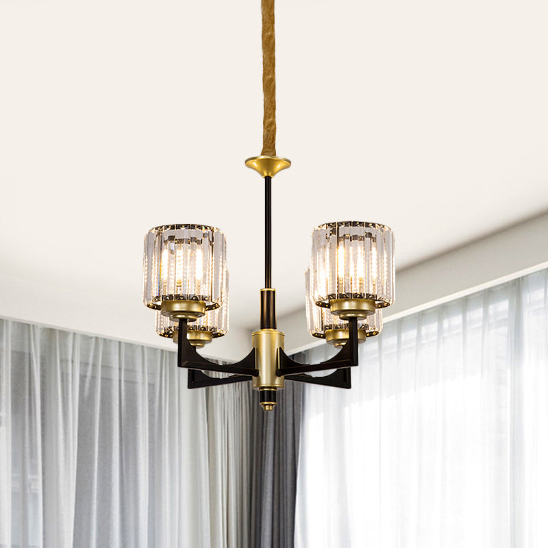 Black and Gold Cylinder Chandelier Modern Clear Crystal Glass 4/6 Heads Dining Room Pendant