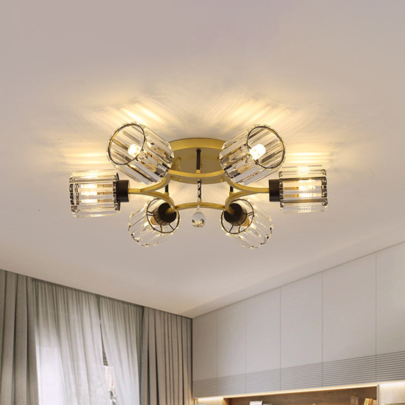 K9 Crystal Gold Flushmount Cilindrical 3/6 Heads Contemporary Semi Flush Mount Light Fecture