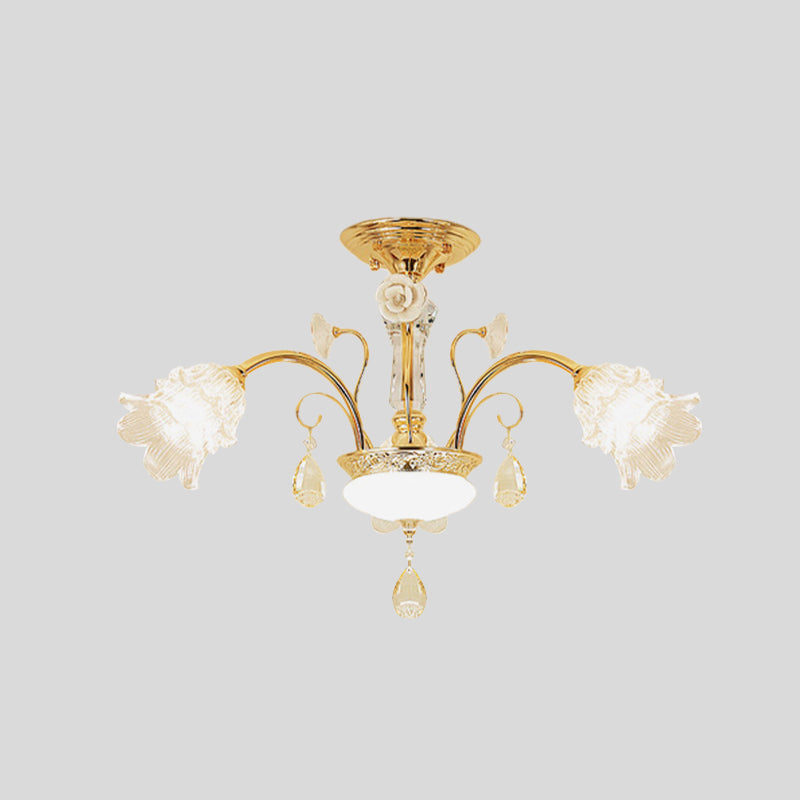 Flower Dining Room Chandelier Lamp Mid Century Clear Glass 3/6-Bulb Gold Pendant with Crystal Accent