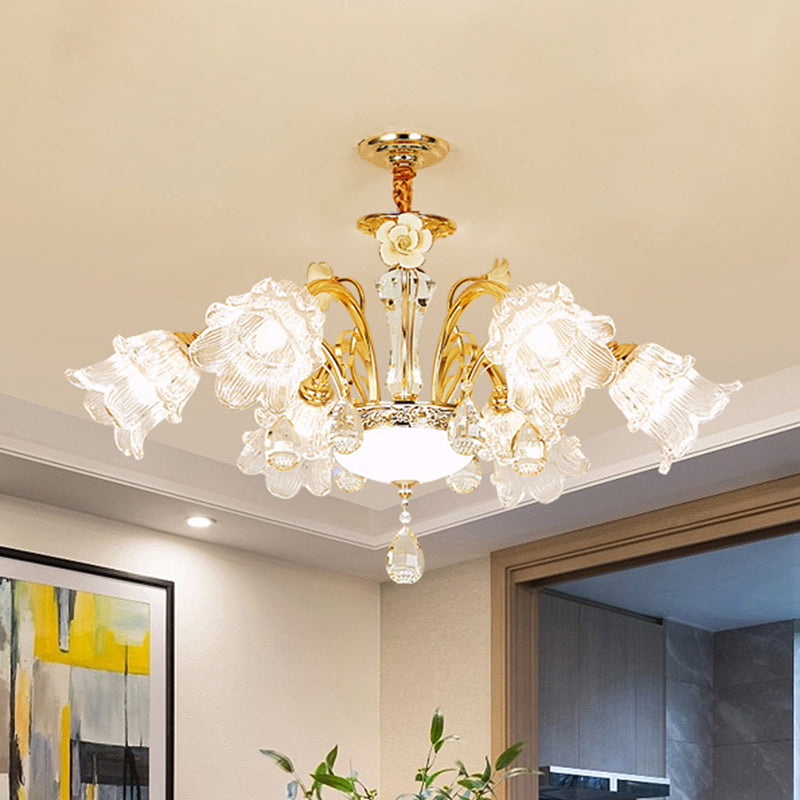 Flower Dining Room Chandelier Lamp Mid Century Clear Glass 3/6-Bulb Gold Pendant with Crystal Accent