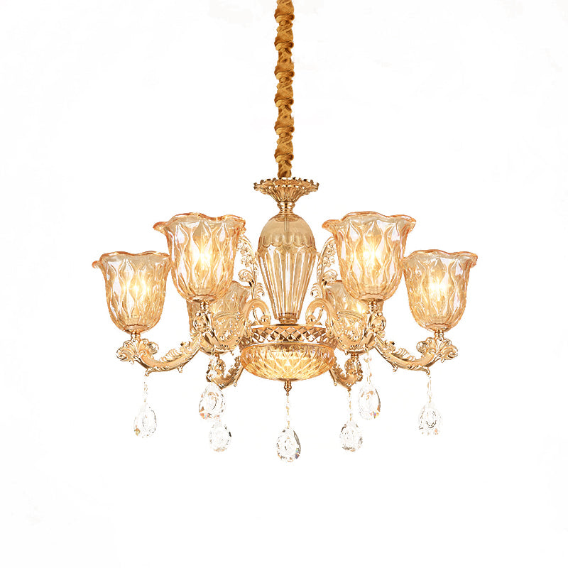 Gold 6-Bulb Pendant Light Fixture Mid Century Amber Glass Floral Chandelier with Crystal Drop