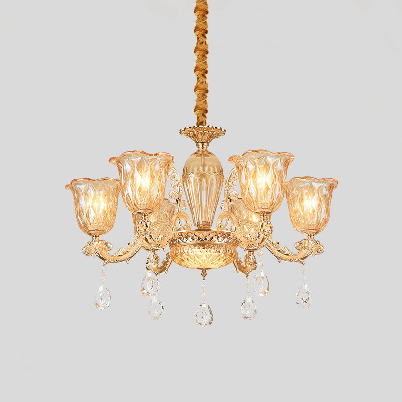 Gold 6-Bulb Pendant Light Fixture Mid Century Amber Glass Floral Chandelier with Crystal Drop